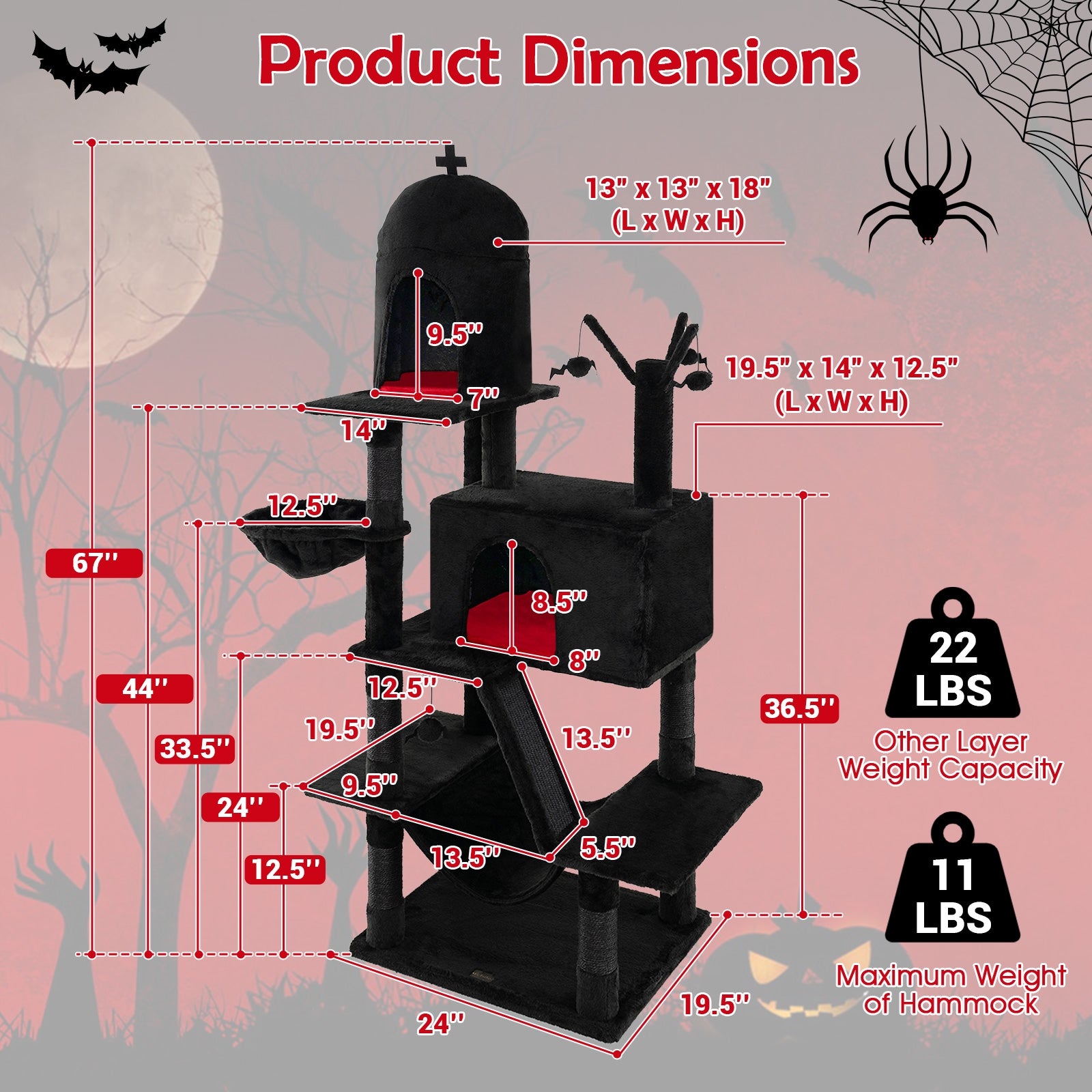 Gothic Cat Tree with 2 Cat Condos and Spooky Dangling Ball for Indoor Cats, Black Cat Trees Condos & Scratchers   at Gallery Canada