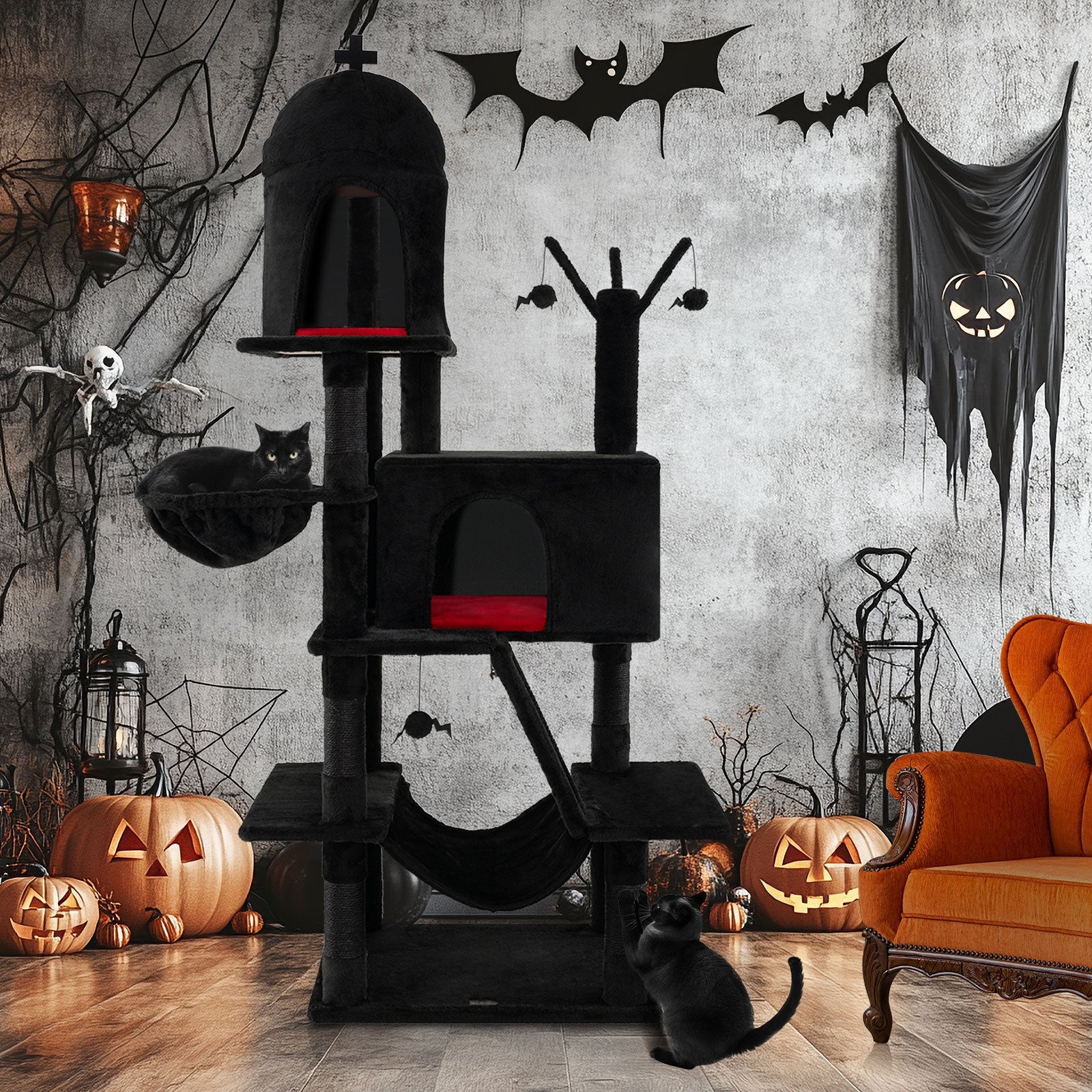 Gothic Cat Tree with 2 Cat Condos and Spooky Dangling Ball for Indoor Cats, Black Cat Trees Condos & Scratchers   at Gallery Canada