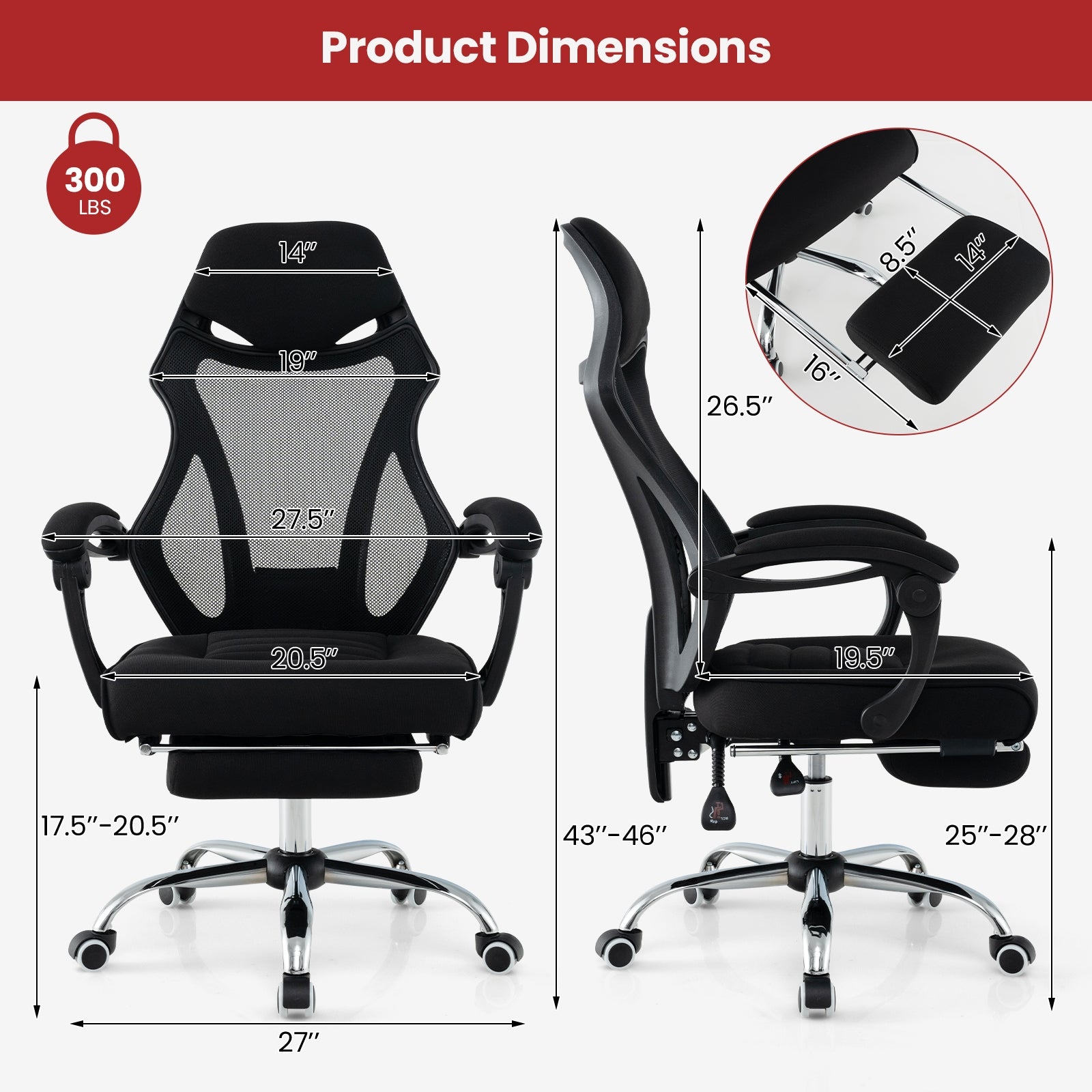 Ergonomic Mesh Office Chair with Footrest and Tilting Backrest, Black Ergonomic Chairs   at Gallery Canada