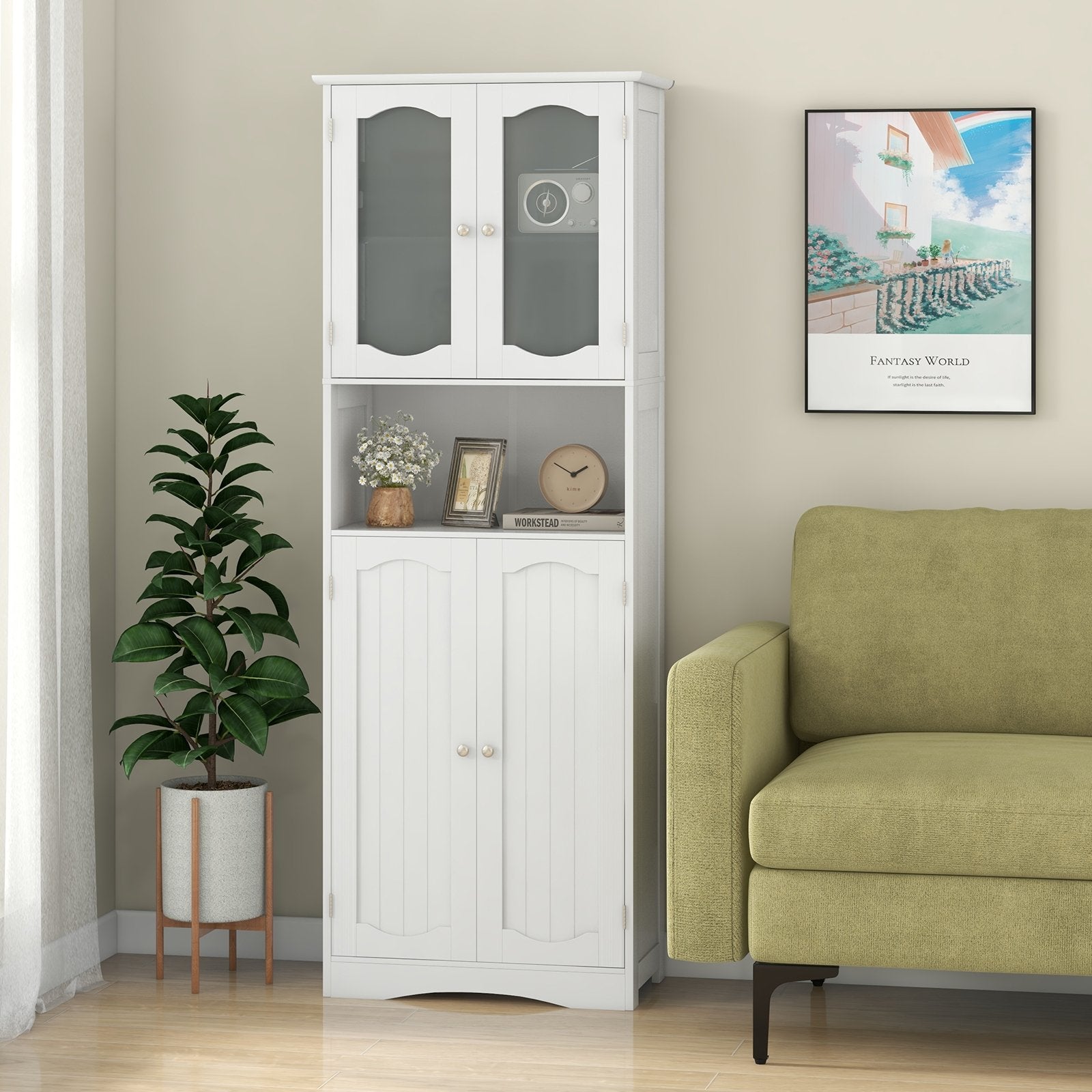 64.5 Inches Tall Bathroom Storage Cabinet with Frost Glass Doors and Shelves, White Floor Cabinets   at Gallery Canada