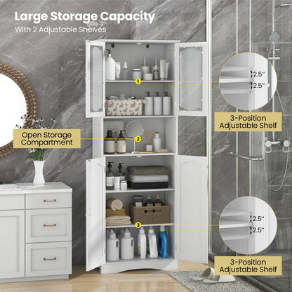 64.5 Inches Tall Bathroom Storage Cabinet with Frost Glass Doors and Shelves, White Floor Cabinets   at Gallery Canada