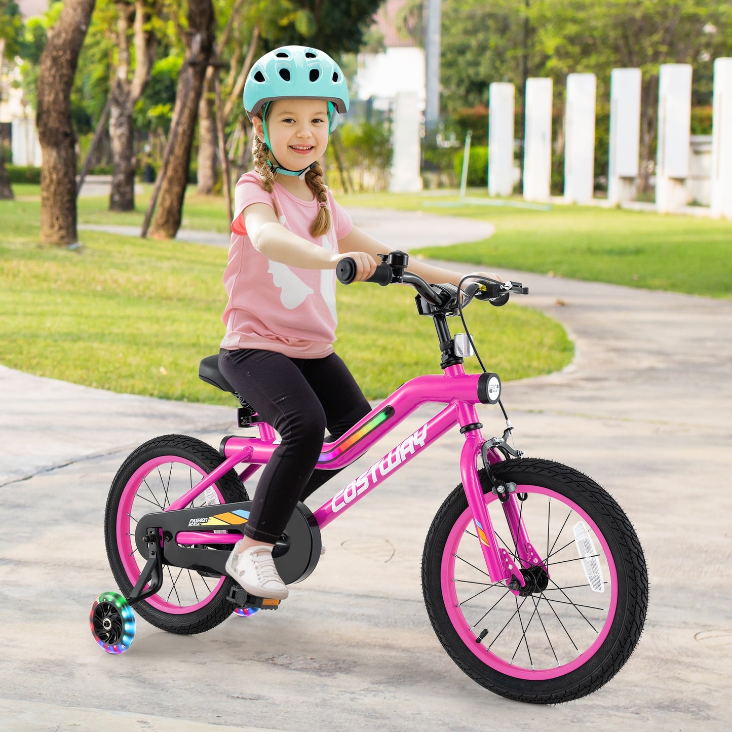 18 Inch LED Lighted Kids Bike with Training Wheels and Headlight for Ages 4-8 Years-16 inches, Pink Kids Bike   at Gallery Canada