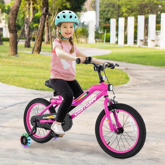 18 Inch LED Lighted Kids Bike with Training Wheels and Headlight for Ages 4-8 Years-16 inches, Pink Kids Bike Pink  at Gallery Canada