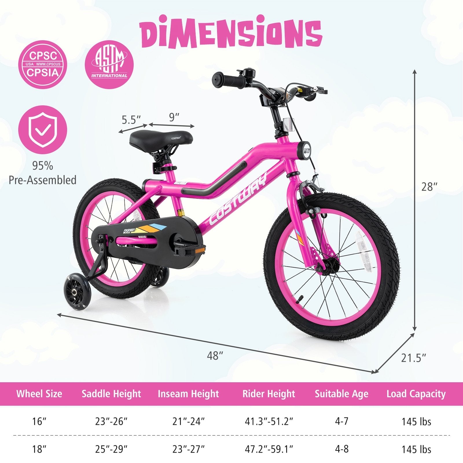 18 Inch LED Lighted Kids Bike with Training Wheels and Headlight for Ages 4-8 Years-16 inches, Pink Kids Bike   at Gallery Canada