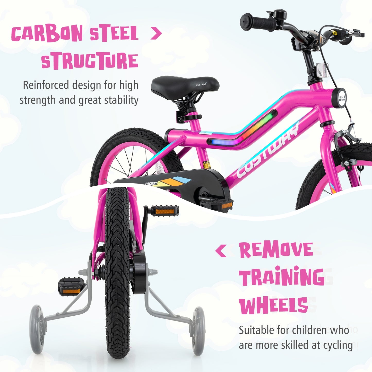 18 Inch LED Lighted Kids Bike with Training Wheels and Headlight for Ages 4-8 Years-16 inches, Pink Kids Bike   at Gallery Canada