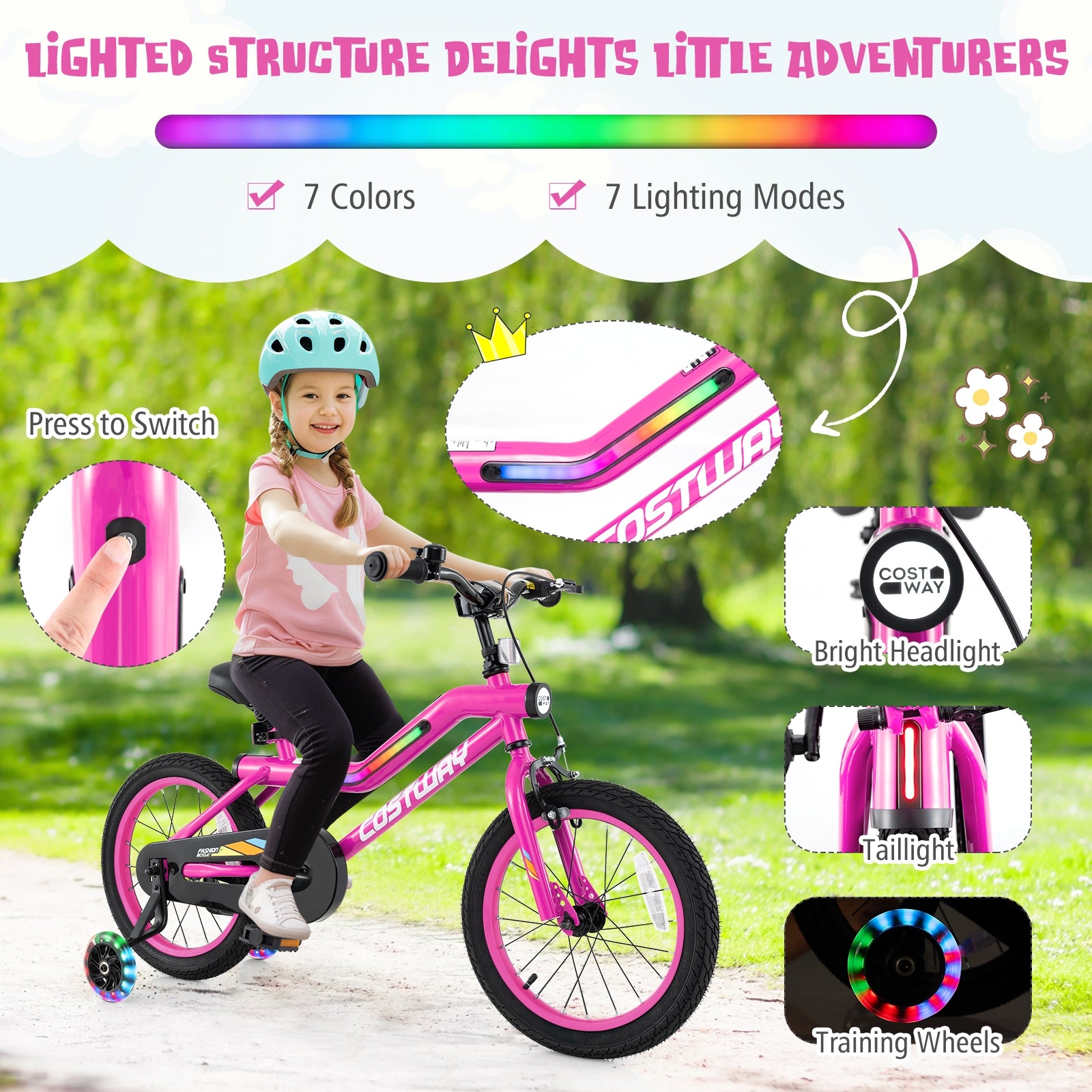 18 Inch LED Lighted Kids Bike with Training Wheels and Headlight for Ages 4-8 Years-16 inches, Pink Kids Bike   at Gallery Canada