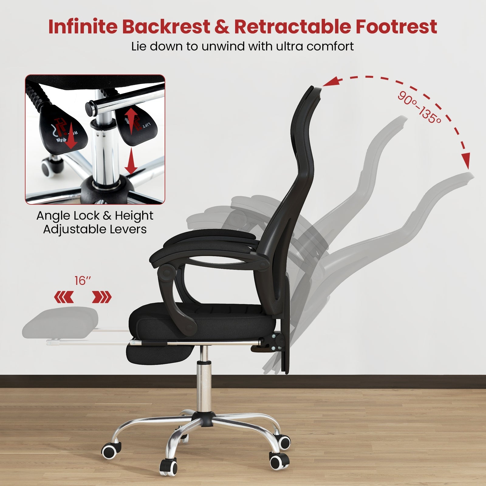 Ergonomic Mesh Office Chair with Footrest and Tilting Backrest, Black Ergonomic Chairs   at Gallery Canada