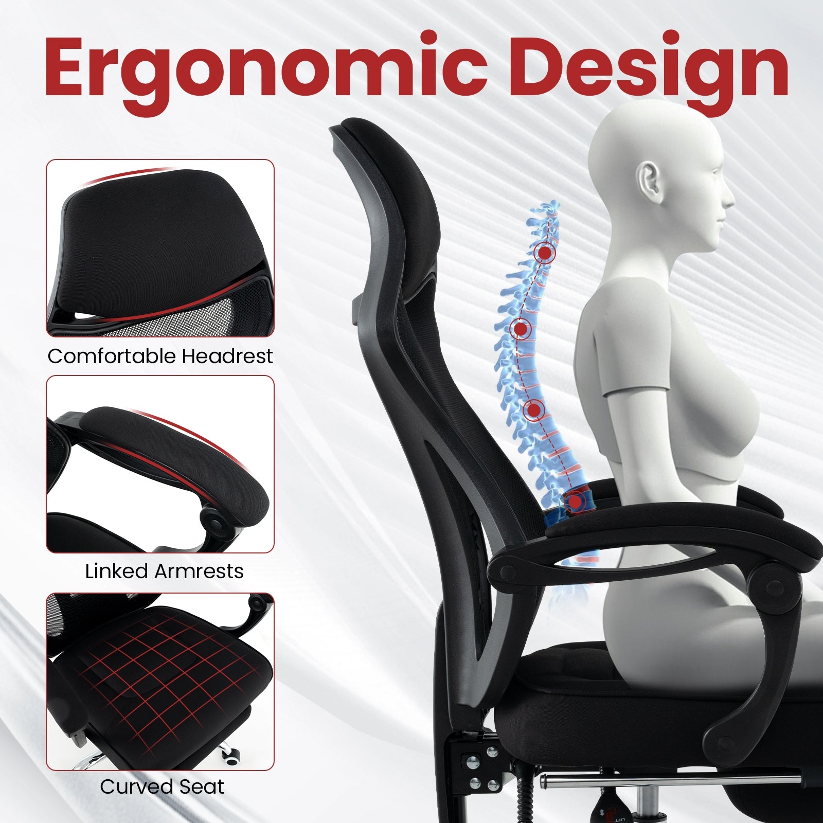 Ergonomic Mesh Office Chair with Footrest and Tilting Backrest, Black Ergonomic Chairs   at Gallery Canada