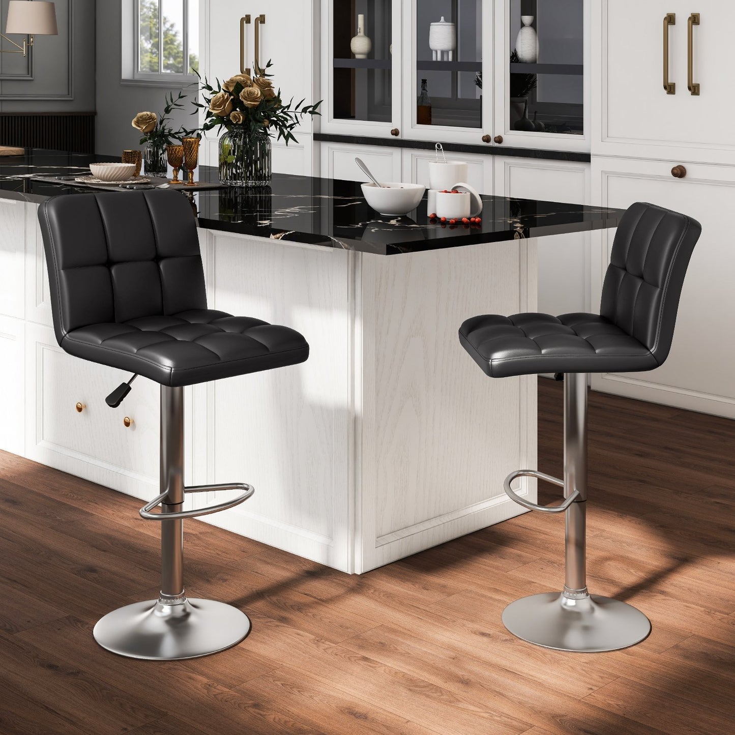 Modern Bat Stools Set of 2 with Back and Heavy-duty Metal Base and Footrest, Black Bar Stools   at Gallery Canada