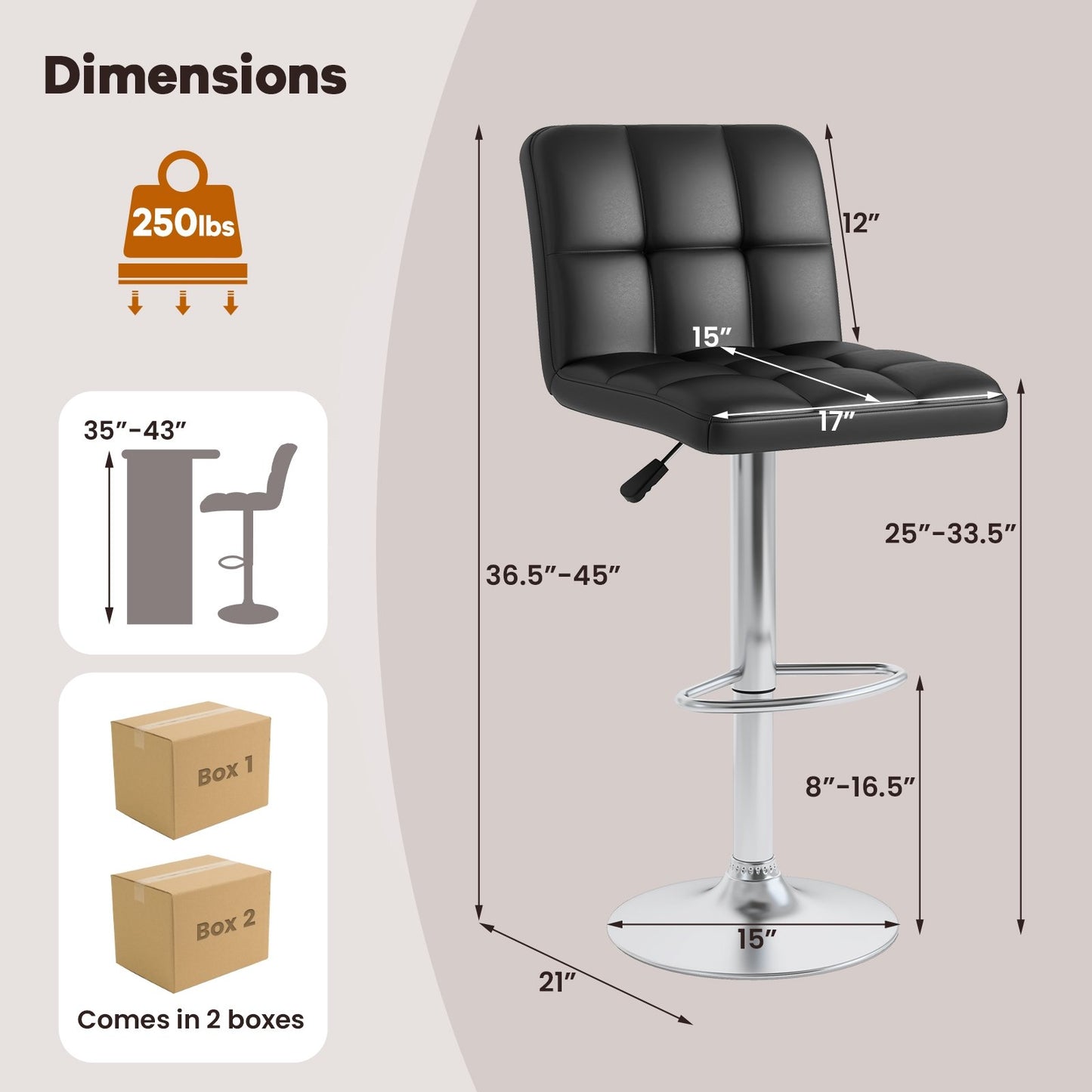 Modern Bat Stools Set of 2 with Back and Heavy-duty Metal Base and Footrest, Black Bar Stools   at Gallery Canada