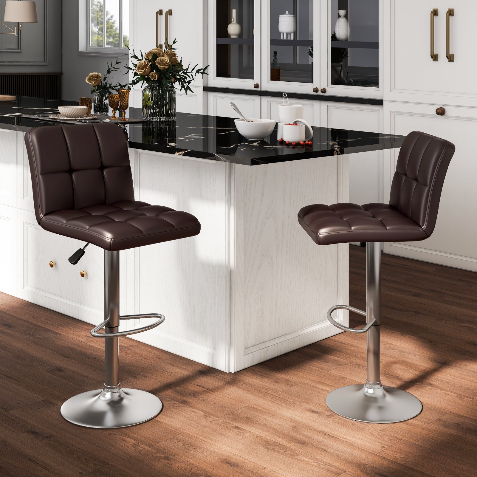 Modern Bat Stools Set of 2 with Back and Heavy-duty Metal Base and Footrest, Brown Bar Stools   at Gallery Canada