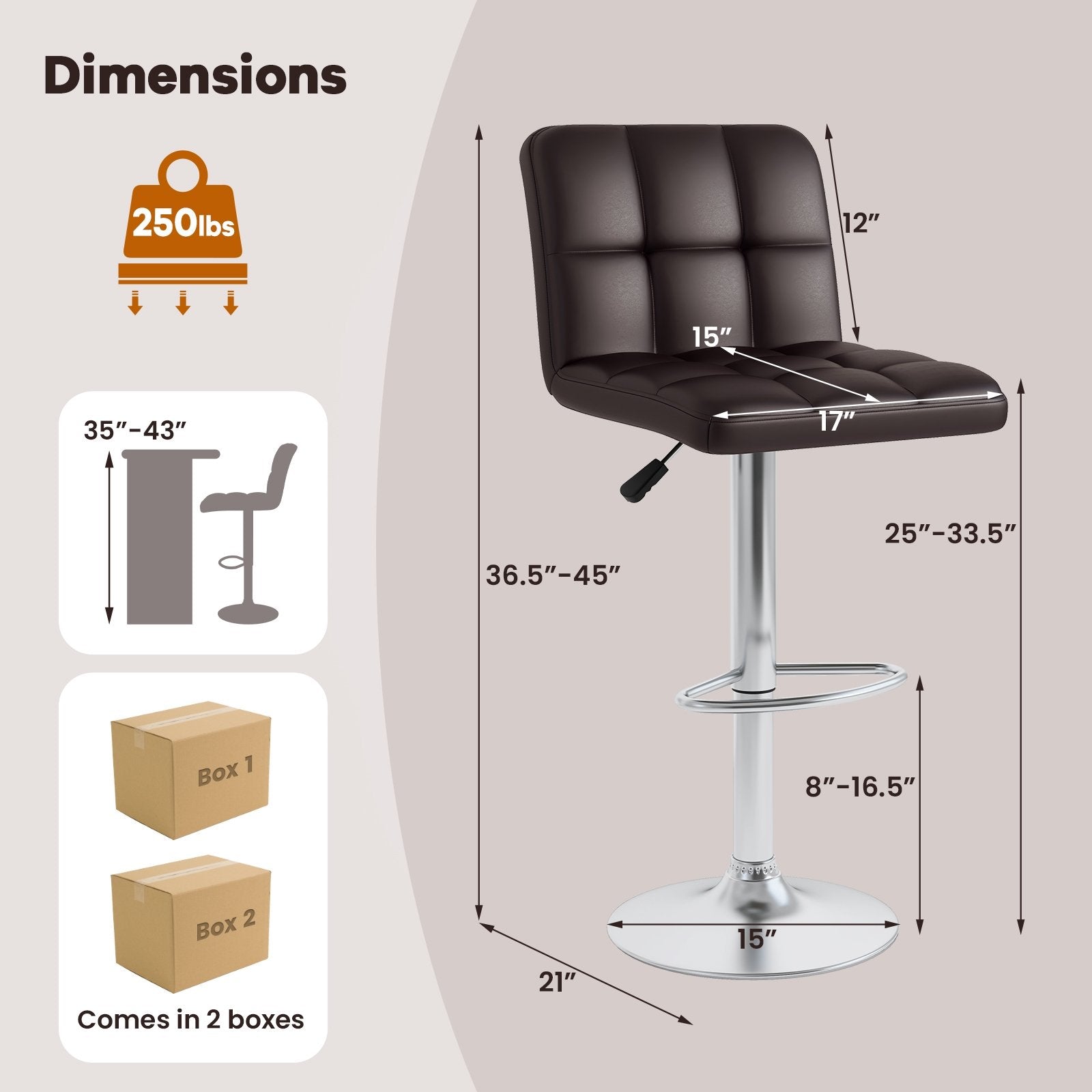 Modern Bat Stools Set of 2 with Back and Heavy-duty Metal Base and Footrest, Brown Bar Stools   at Gallery Canada