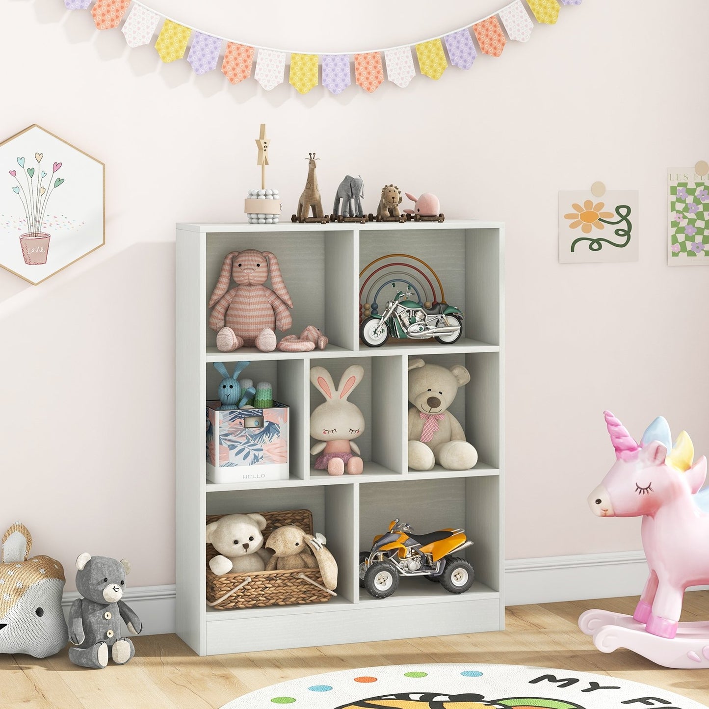 7-Section Freestanding Bookshelf for Kids Room Classroom Daycare Nursery, White Kids Storage   at Gallery Canada