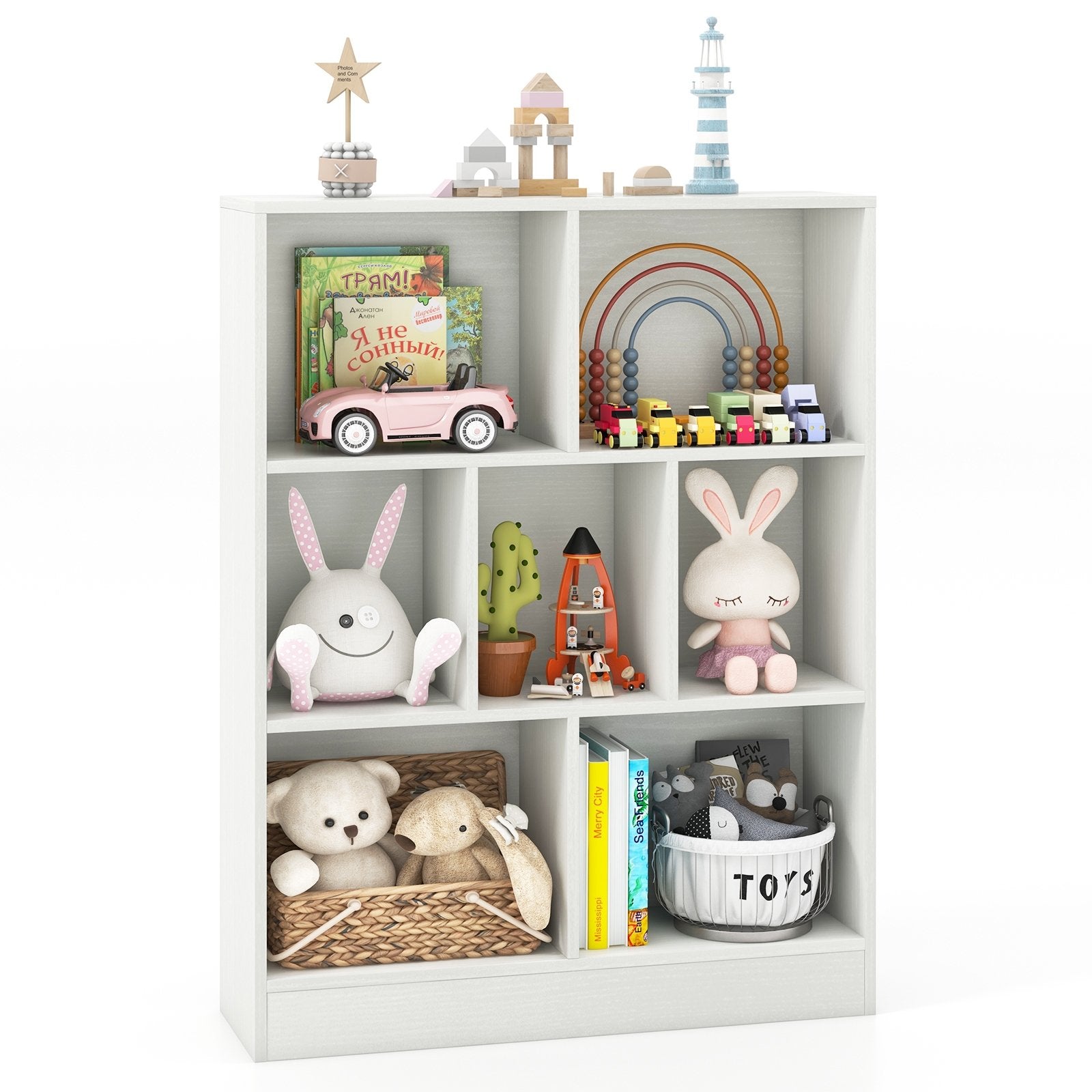 7-Section Freestanding Bookshelf for Kids Room Classroom Daycare Nursery, White Kids Storage   at Gallery Canada