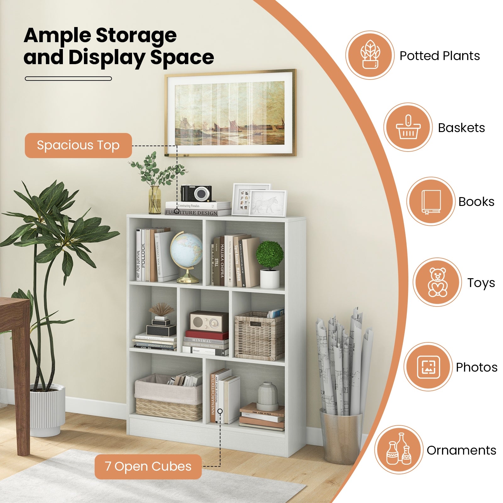 7-Section Freestanding Bookshelf for Kids Room Classroom Daycare Nursery, White Kids Storage   at Gallery Canada