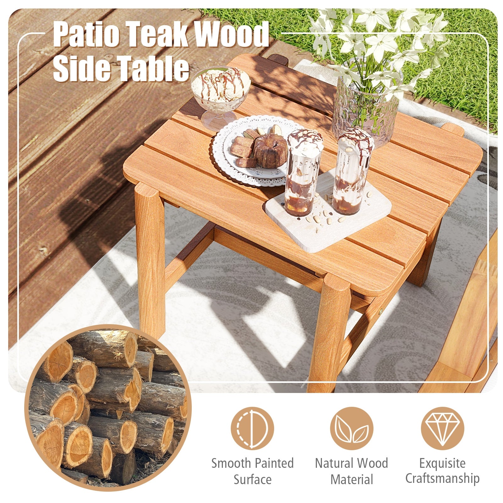 Patio Teak Wood Side Table with Slatted Tabletop for Yard, Natural Patio Coffee Tables   at Gallery Canada