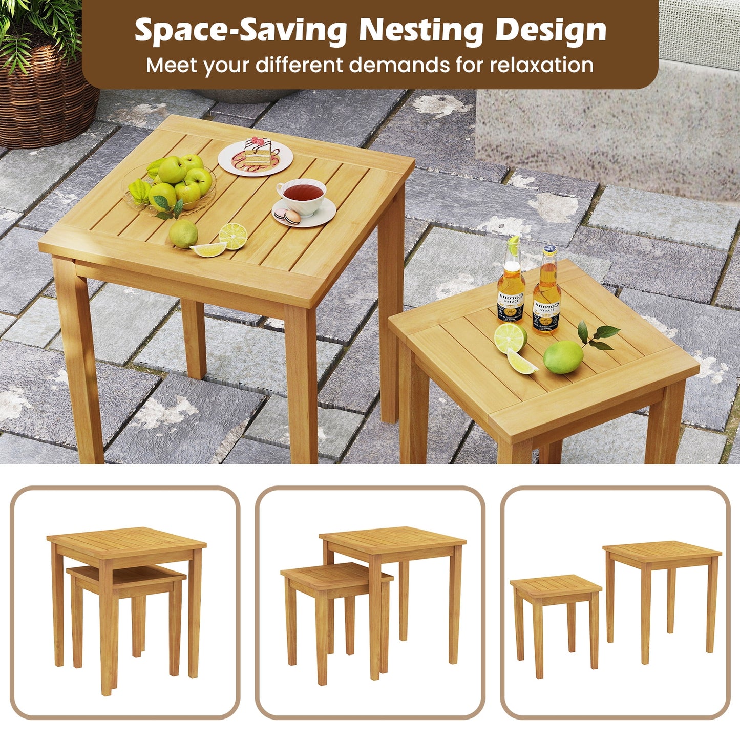 2 Pieces Space Saving Design Teak Wood Outdoor Patio Nesting Table, Natural Patio Coffee Tables   at Gallery Canada