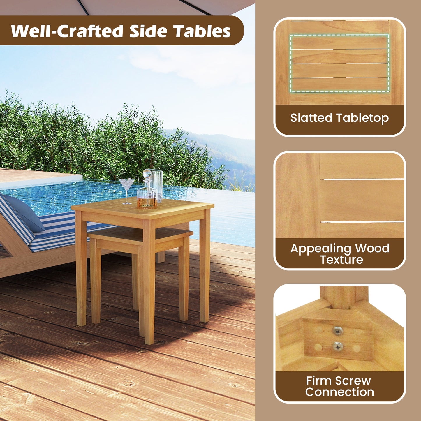 2 Pieces Space Saving Design Teak Wood Outdoor Patio Nesting Table, Natural Patio Coffee Tables   at Gallery Canada