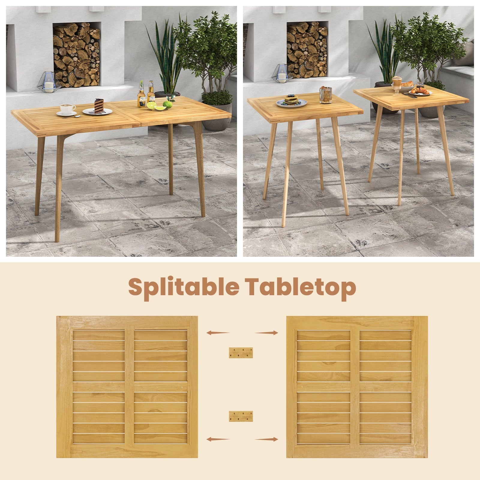 Indoor Outdoor Teak Wood Slatted Tabletop Panel Board Split in 2 Square, Natural Patio Dining Tables   at Gallery Canada