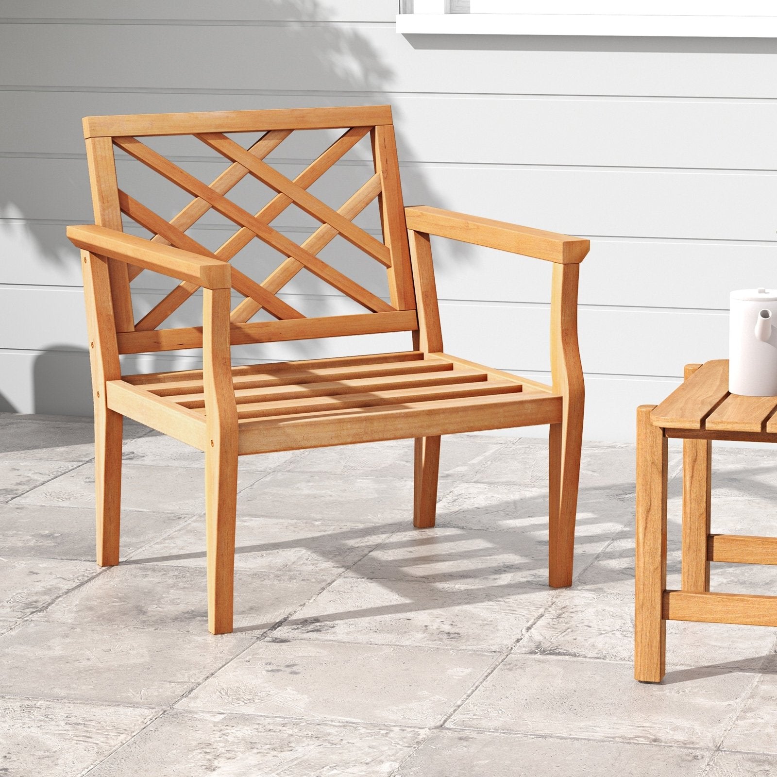 Teak Wood Slatted Patio Chair Armchair with Cozy Backrest and Armrests, Natural Patio Dining Chairs   at Gallery Canada