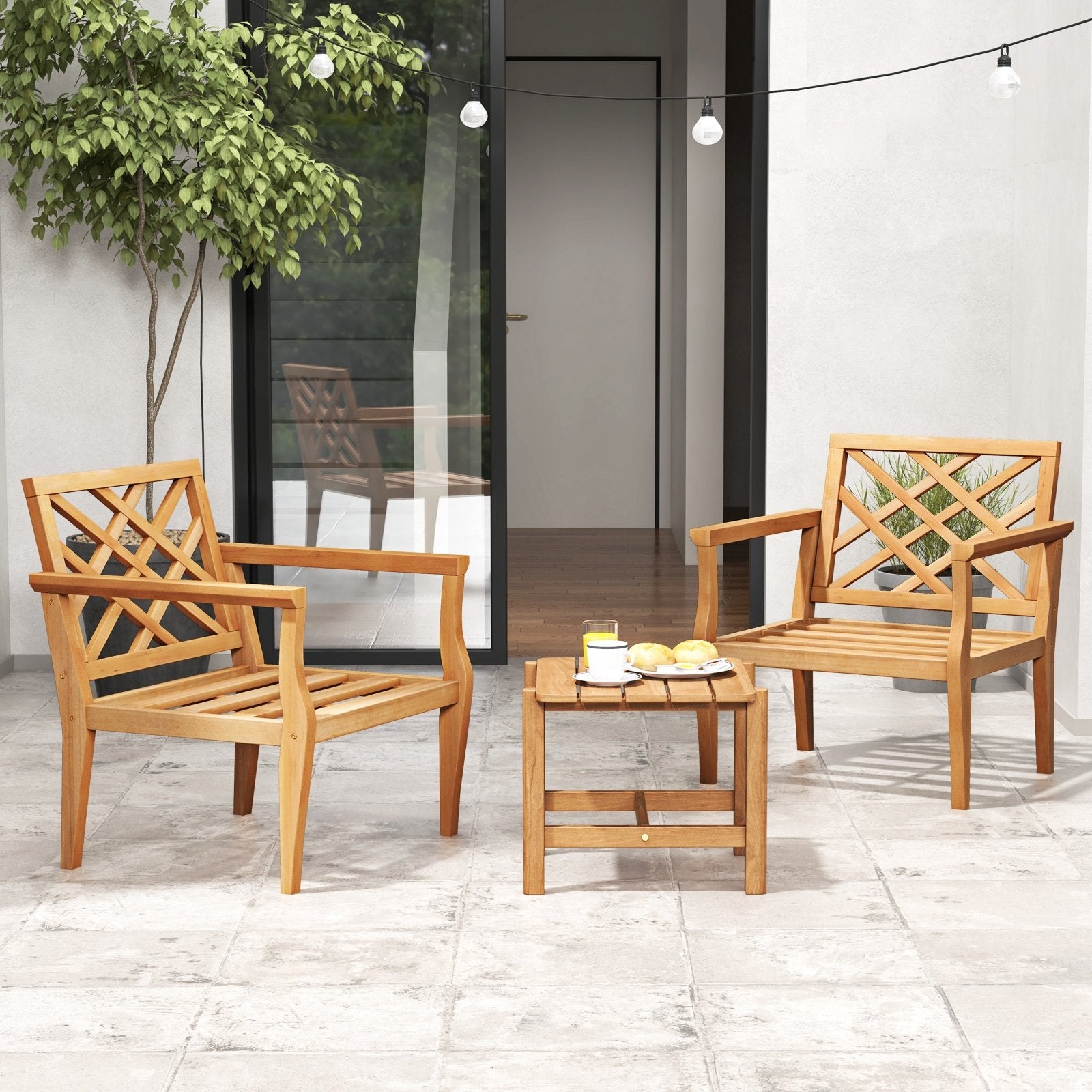 Teak Wood Slatted Patio Chair Armchair with Cozy Backrest and Armrests, Natural Patio Dining Chairs   at Gallery Canada