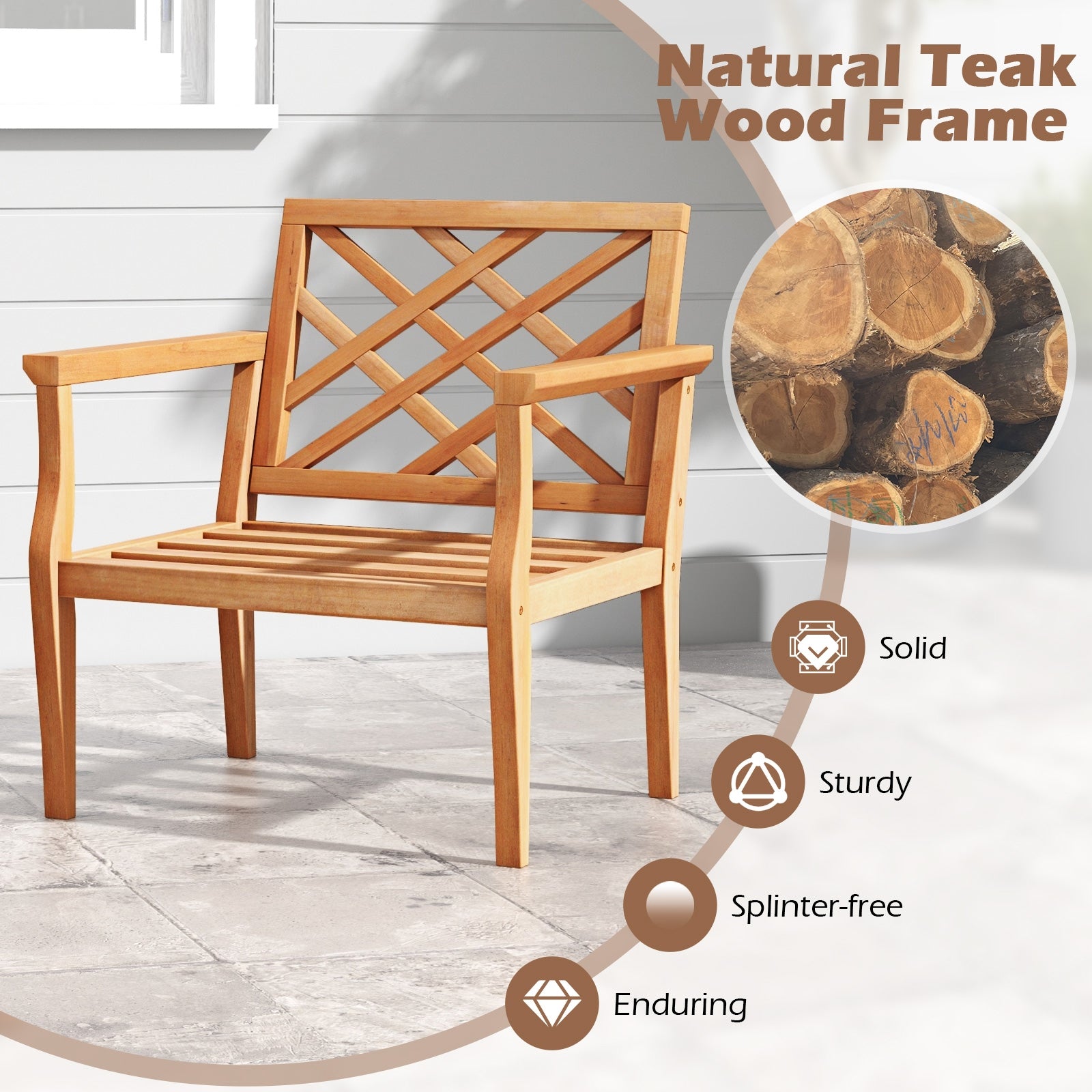 Teak Wood Slatted Patio Chair Armchair with Cozy Backrest and Armrests, Natural Patio Dining Chairs   at Gallery Canada