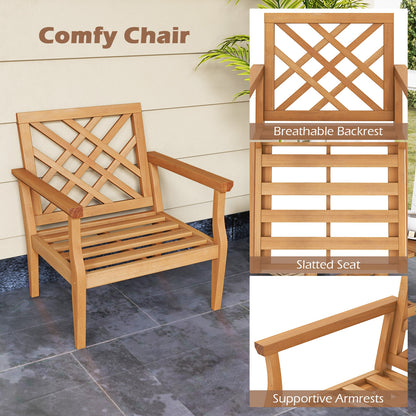 Teak Wood Slatted Patio Chair Armchair with Cozy Backrest and Armrests, Natural Patio Dining Chairs   at Gallery Canada