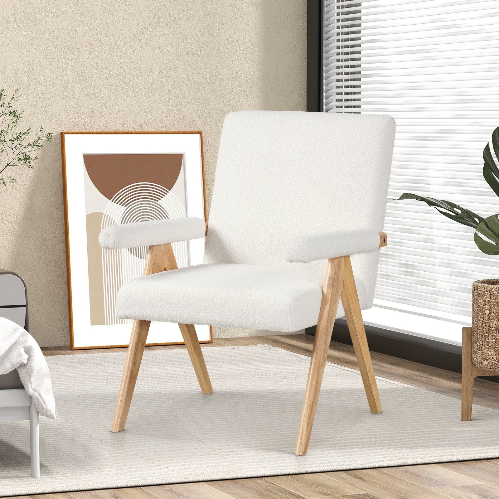 Mid Century Modern Accent Chair with Rubber Wood Frame and Padded Armrests, White Accent Chairs   at Gallery Canada