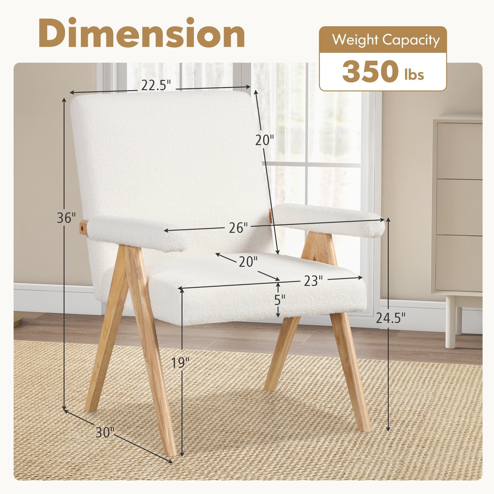 Mid Century Modern Accent Chair with Rubber Wood Frame and Padded Armrests, White Accent Chairs   at Gallery Canada