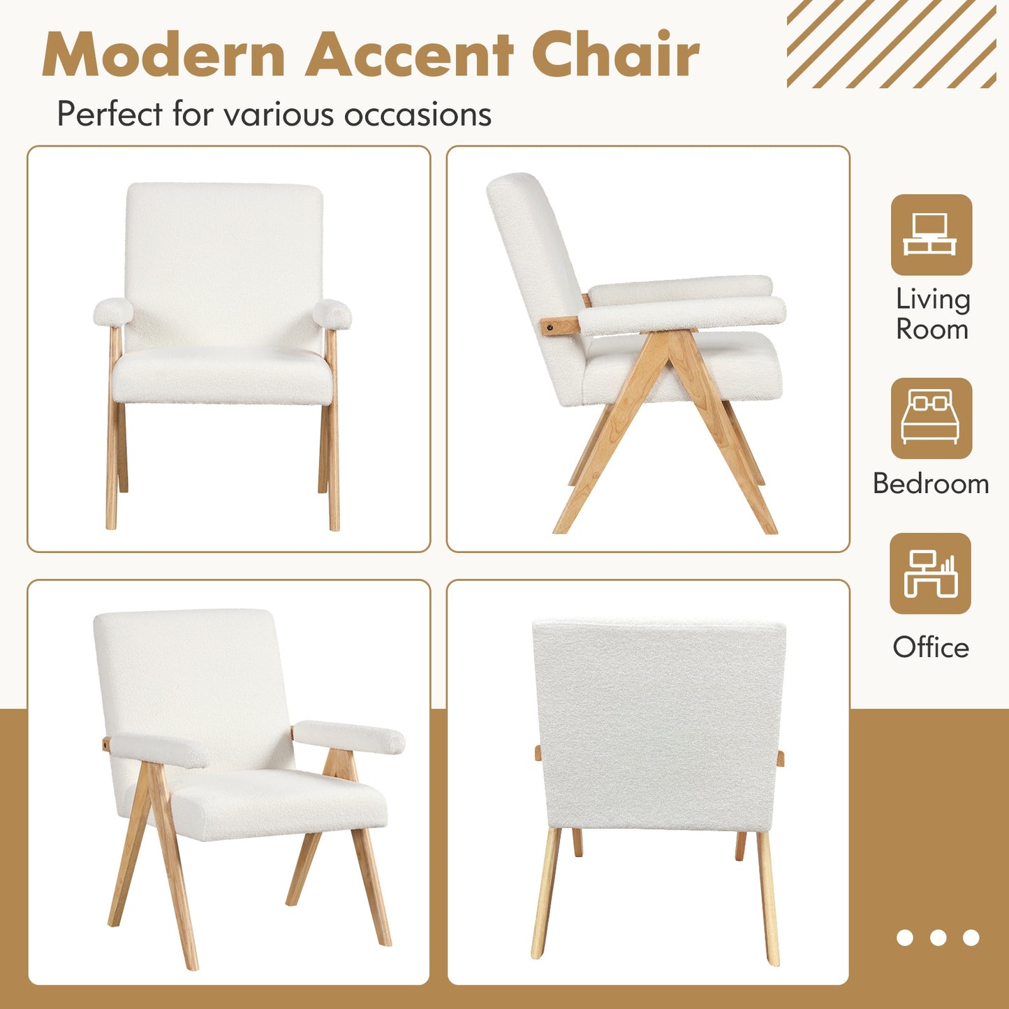 Mid Century Modern Accent Chair with Rubber Wood Frame and Padded Armrests, White Accent Chairs   at Gallery Canada