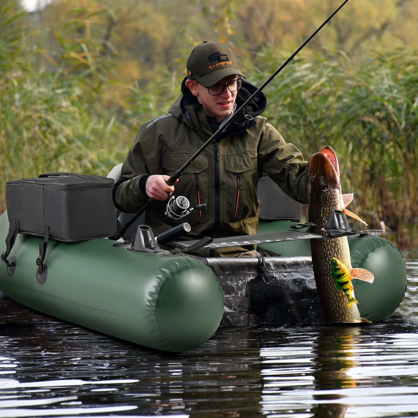 Inflatable Fishing Float Tube for Angling with Fish Ruler and Angling Base, Camouflage Water Sports   at Gallery Canada