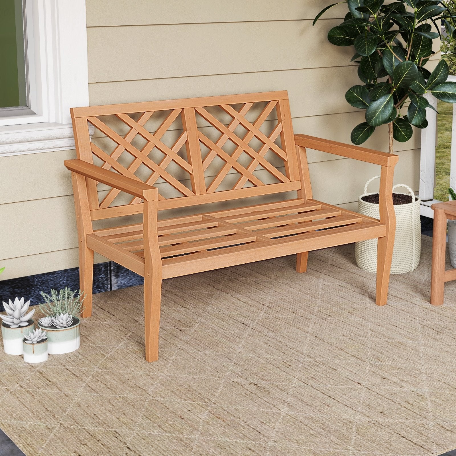 Outdoor Garden Bench 2-Person Teak Wood Bench with Comfy Armrests and Backrest, Natural Outdoor Benches   at Gallery Canada