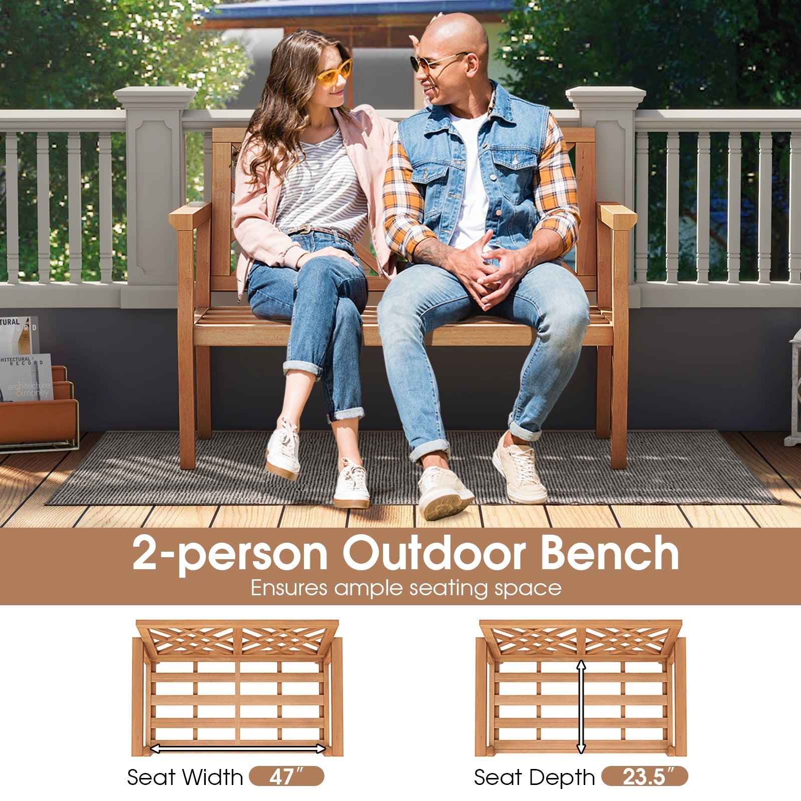 Outdoor Garden Bench 2-Person Teak Wood Bench with Comfy Armrests and Backrest, Natural Outdoor Benches   at Gallery Canada