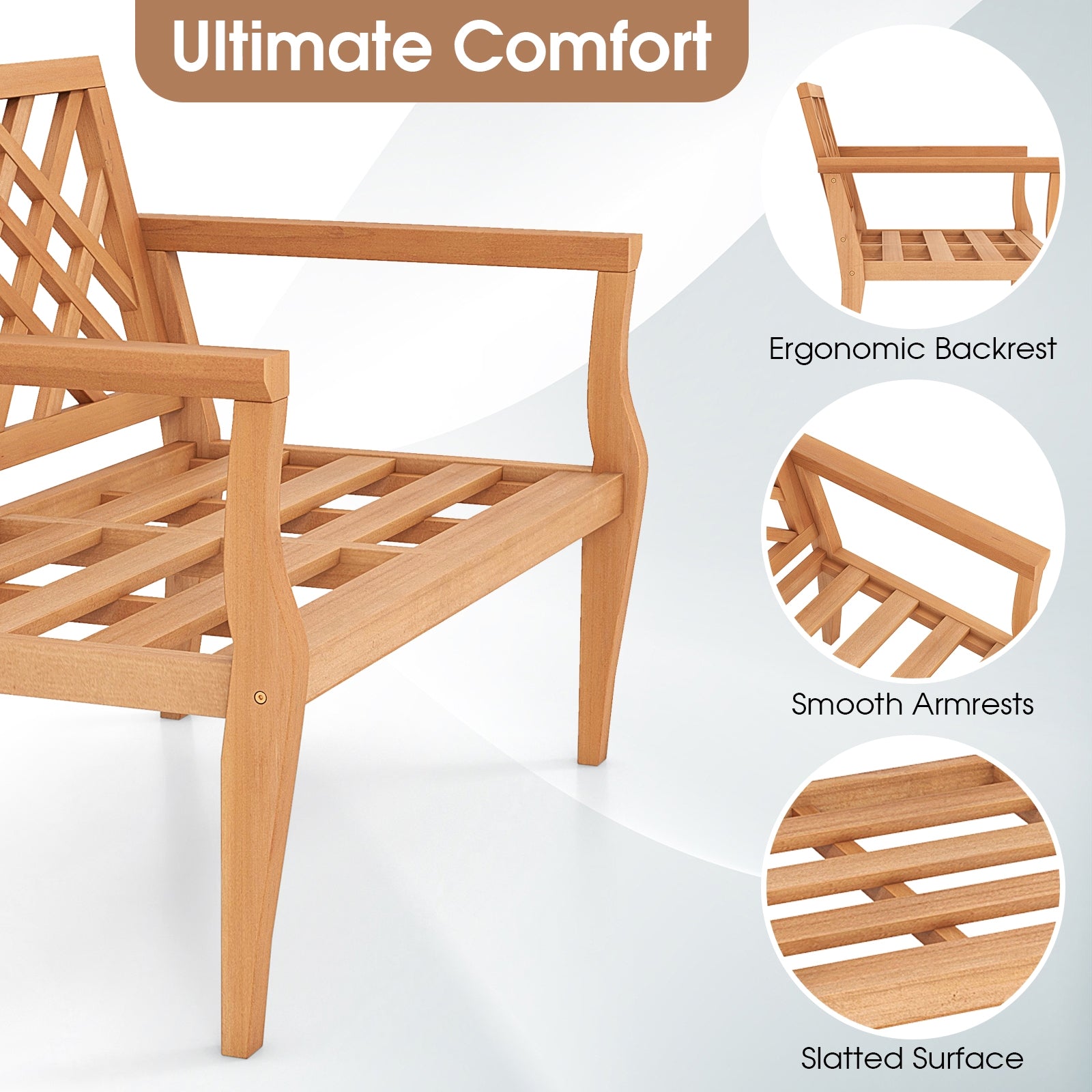 Outdoor Garden Bench 2-Person Teak Wood Bench with Comfy Armrests and Backrest, Natural Outdoor Benches   at Gallery Canada