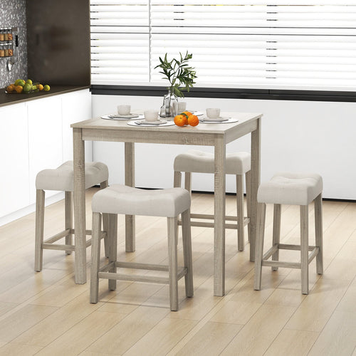 5 Pieces Bar Table Set with Square Table and 4 Padded Stools, Gray