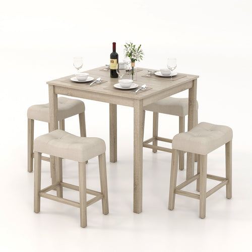 5 Pieces Bar Table Set with Square Table and 4 Padded Stools, Gray