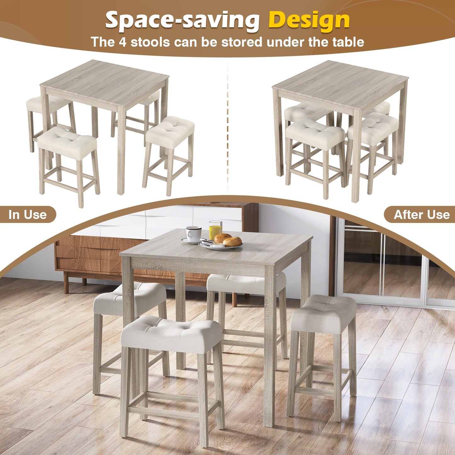 5 Pieces Bar Table Set with Square Table and 4 Padded Stools, Gray Dining Room Sets   at Gallery Canada