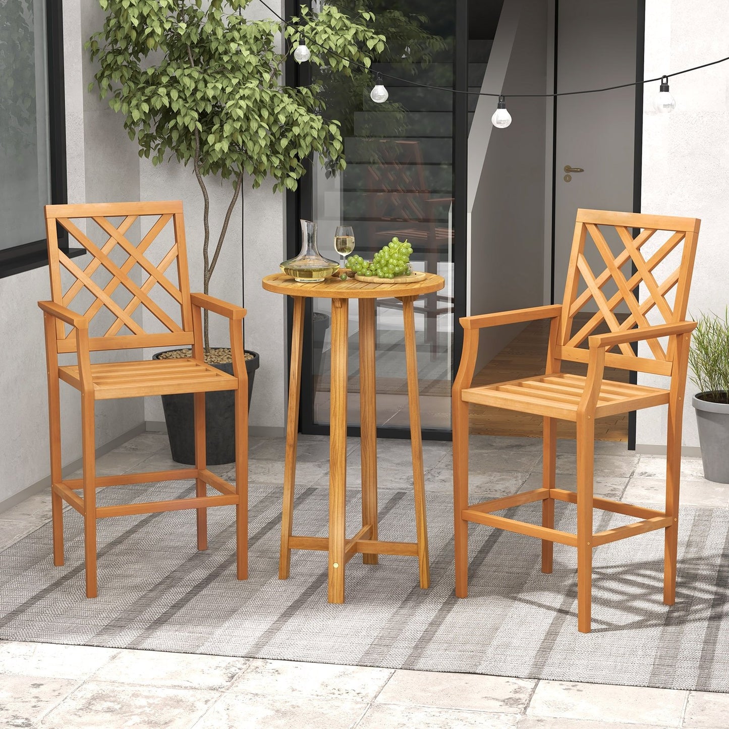 Patio Teak Wood Bar Stool Outdoor Counter Height Chair with Ergonomic Backrest, Natural Patio Dining Chairs   at Gallery Canada