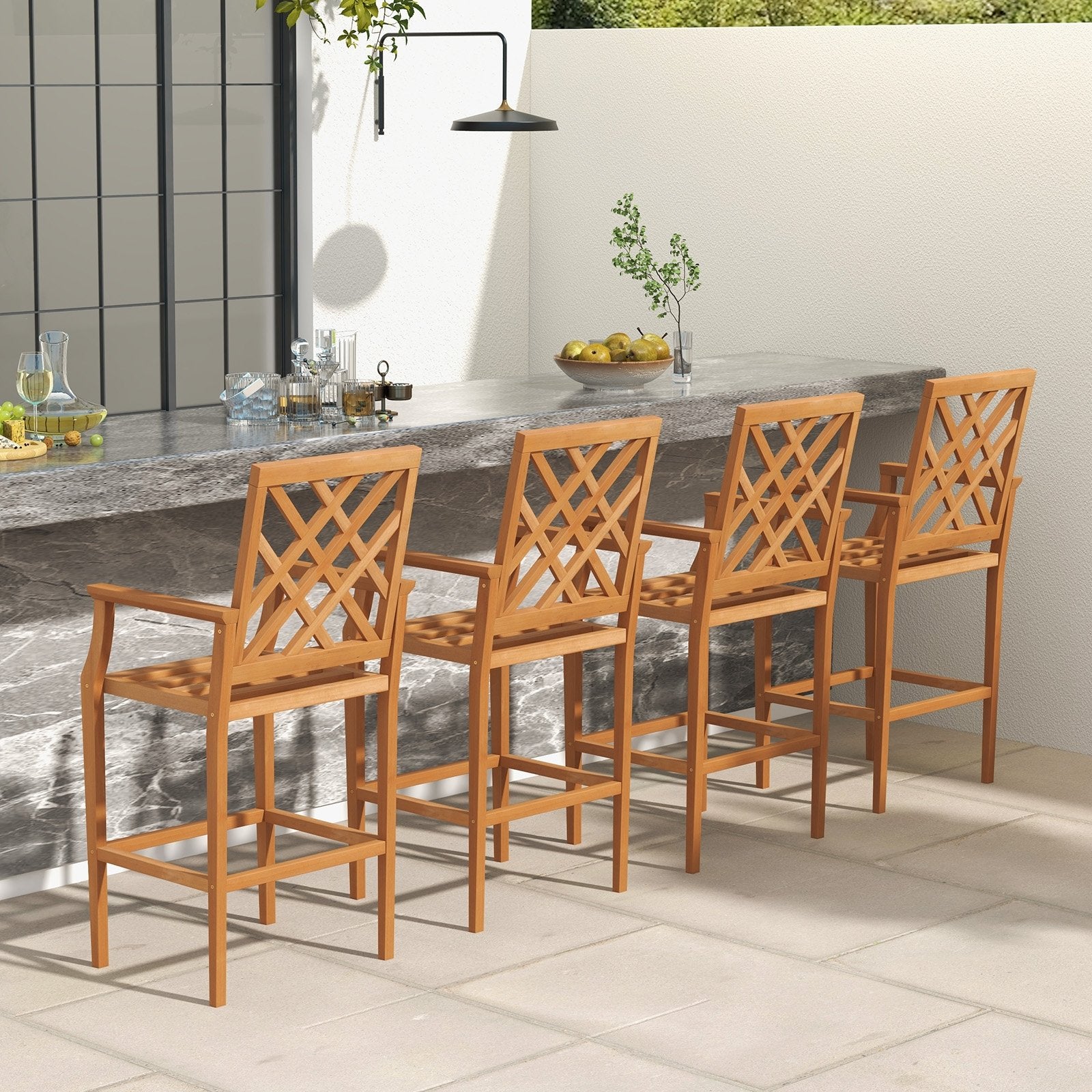 Patio Teak Wood Bar Stool Outdoor Counter Height Chair with Ergonomic Backrest, Natural Patio Dining Chairs   at Gallery Canada