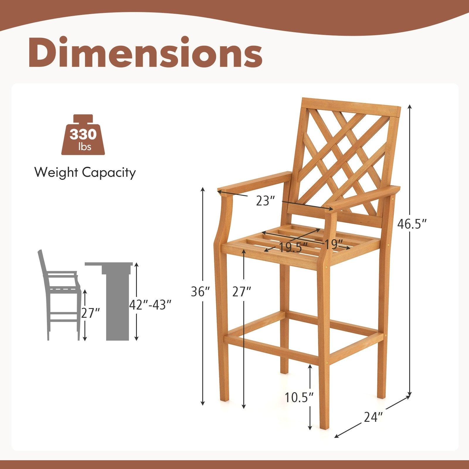 Patio Teak Wood Bar Stool Outdoor Counter Height Chair with Ergonomic Backrest, Natural Patio Dining Chairs   at Gallery Canada