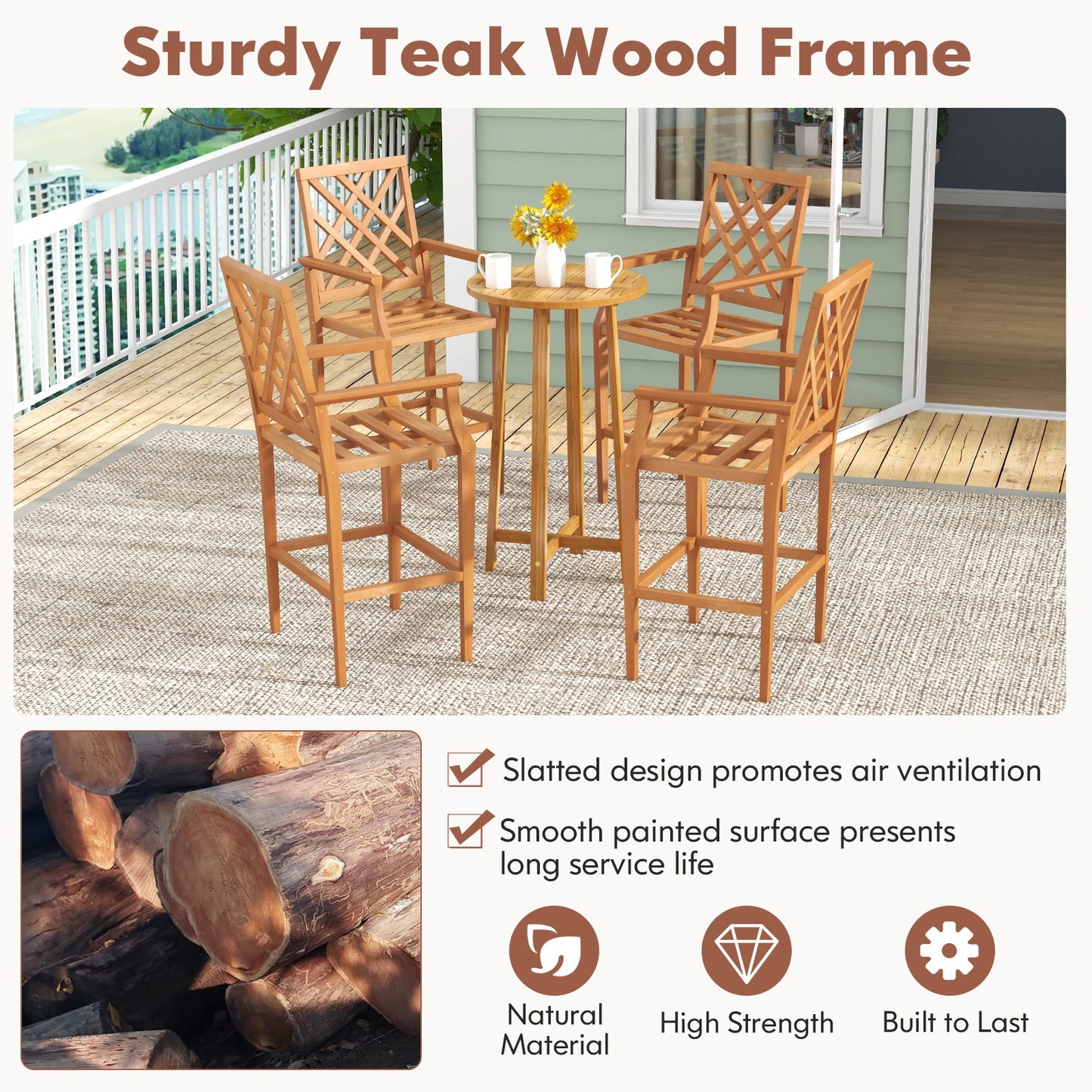 Patio Teak Wood Bar Stool Outdoor Counter Height Chair with Ergonomic Backrest, Natural Patio Dining Chairs   at Gallery Canada