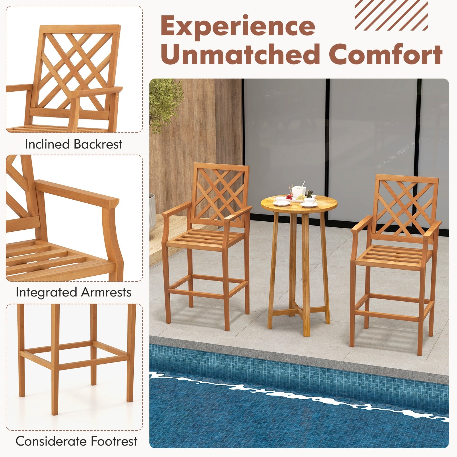 Patio Teak Wood Bar Stool Outdoor Counter Height Chair with Ergonomic Backrest, Natural Patio Dining Chairs   at Gallery Canada