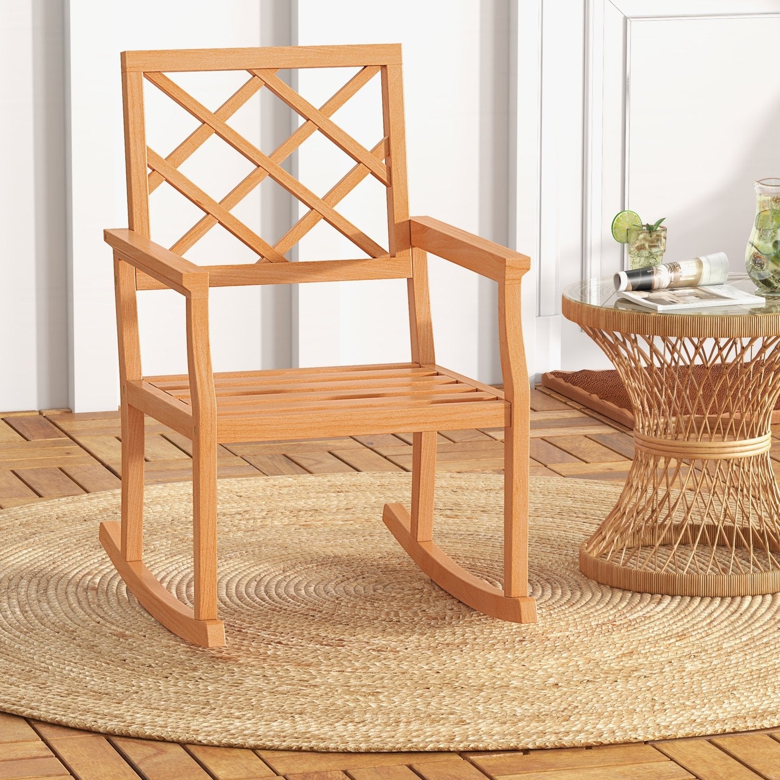 Teak Wood Rocking Chair Oversized Porch Rocker with Backrest and Slatted Seat, Brown Patio Rocking Chairs & Gliders   at Gallery Canada