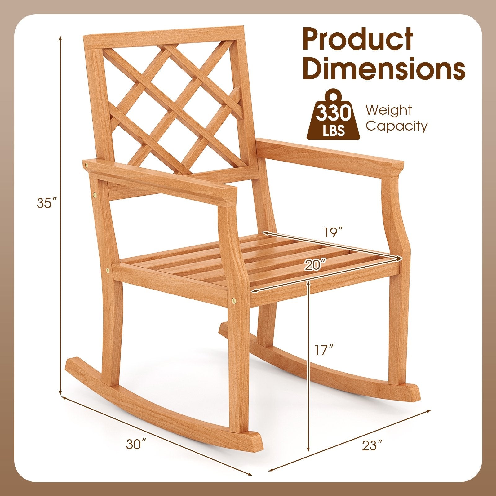 Teak Wood Rocking Chair Oversized Porch Rocker with Backrest and Slatted Seat, Brown Patio Rocking Chairs & Gliders   at Gallery Canada