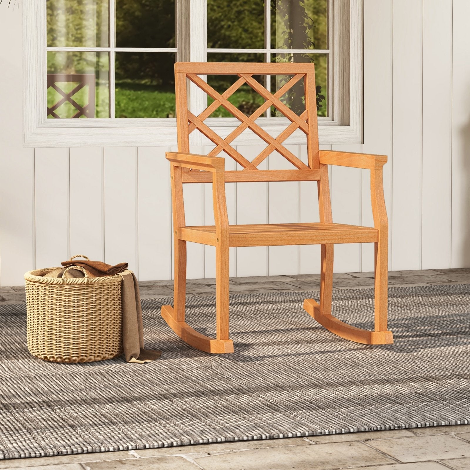 Teak Wood Rocking Chair Oversized Porch Rocker with Backrest and Slatted Seat, Brown Patio Rocking Chairs & Gliders   at Gallery Canada