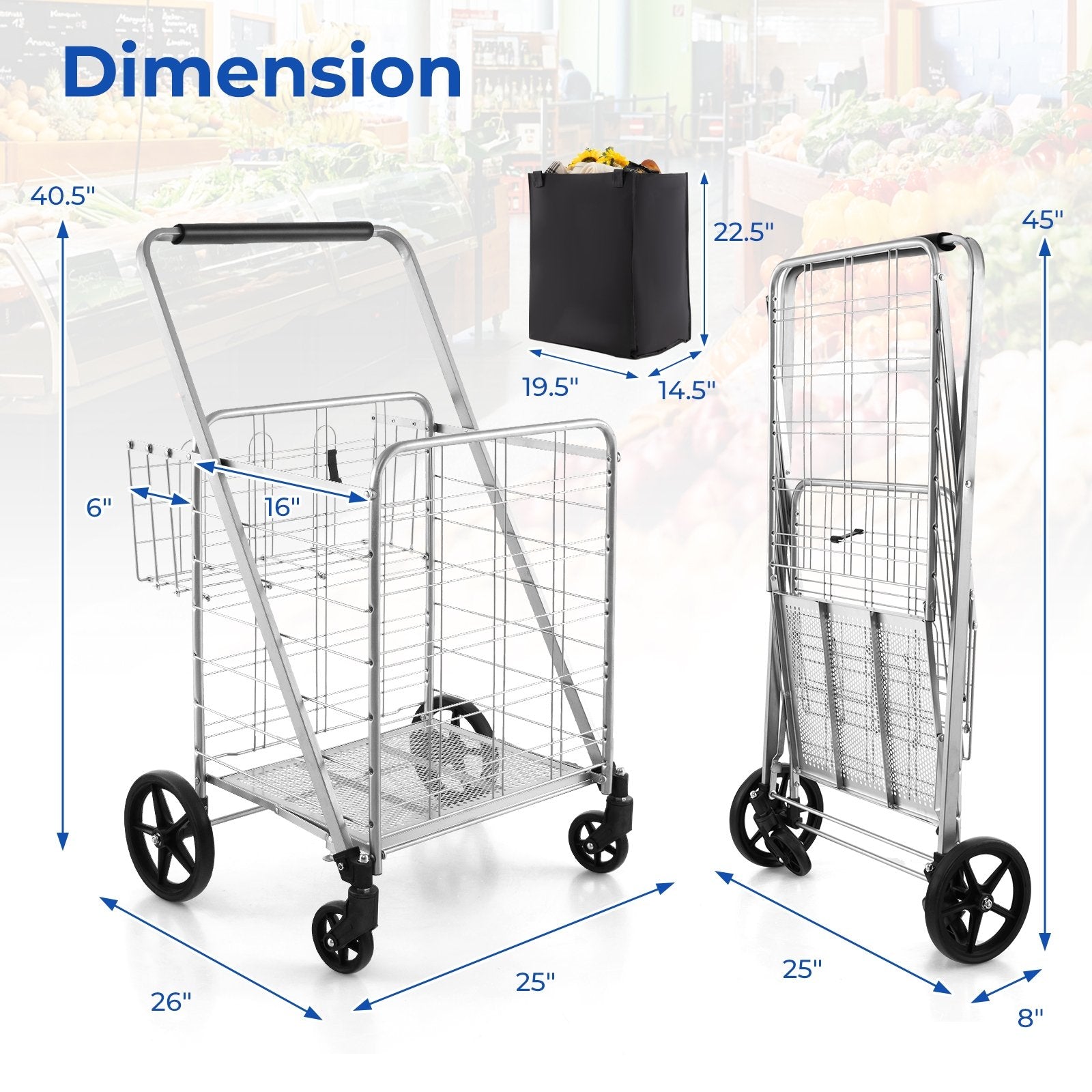 Folding Shopping Cart with Waterproof Liner Wheels and Basket, Silver Kitchen Tools   at Gallery Canada