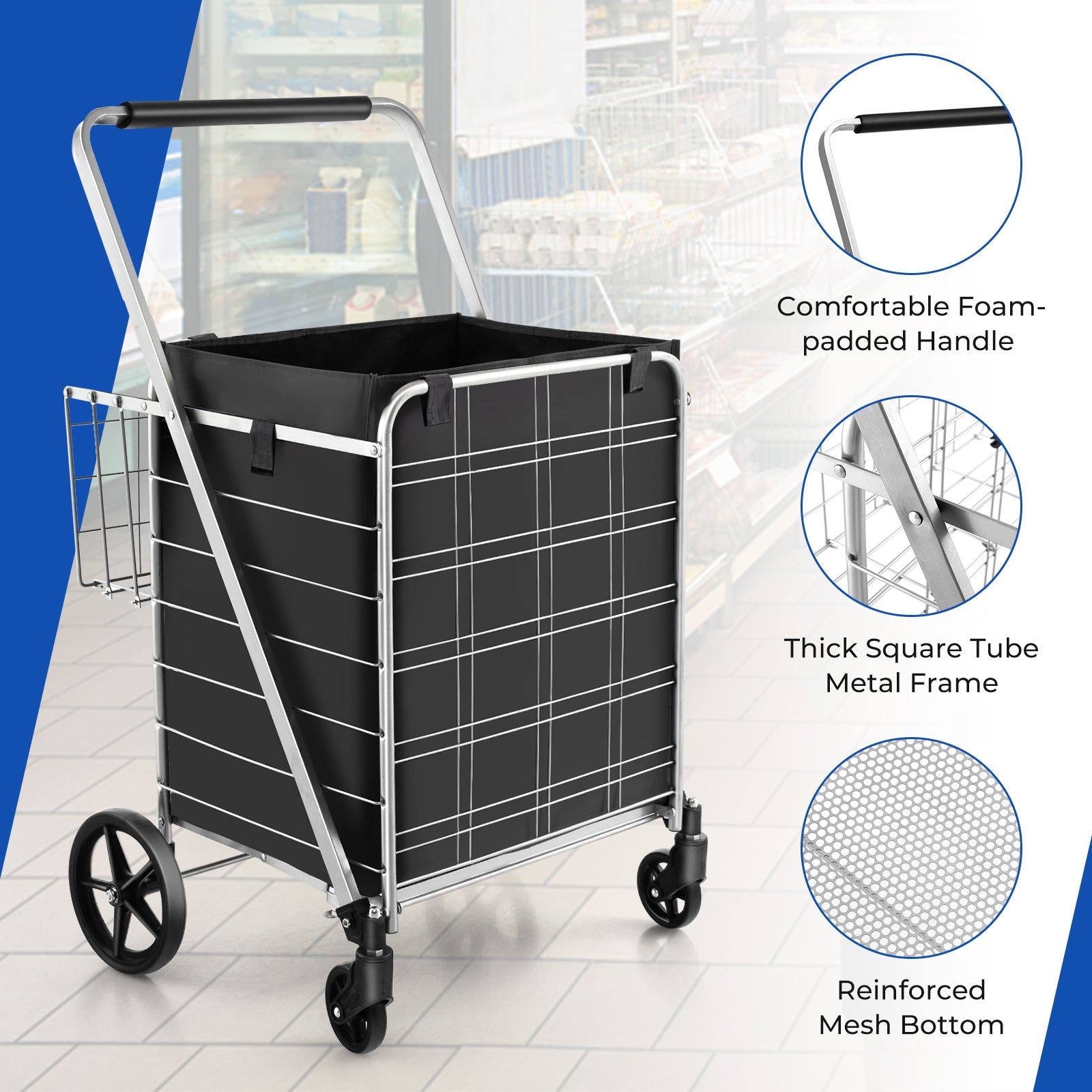 Folding Shopping Cart with Waterproof Liner Wheels and Basket, Silver Kitchen Tools   at Gallery Canada