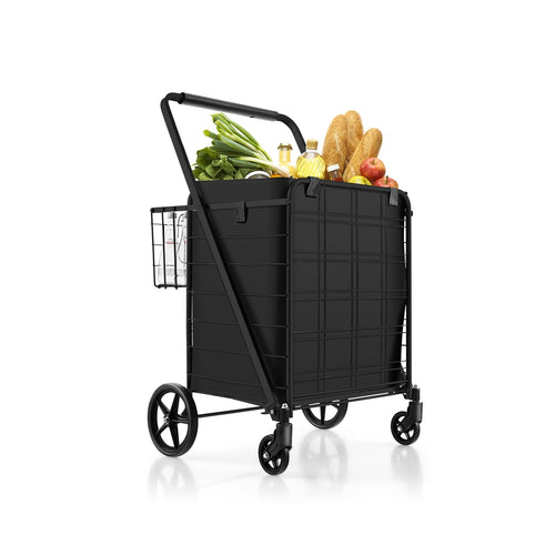 Folding Shopping Cart with Waterproof Liner Wheels and Basket, Black