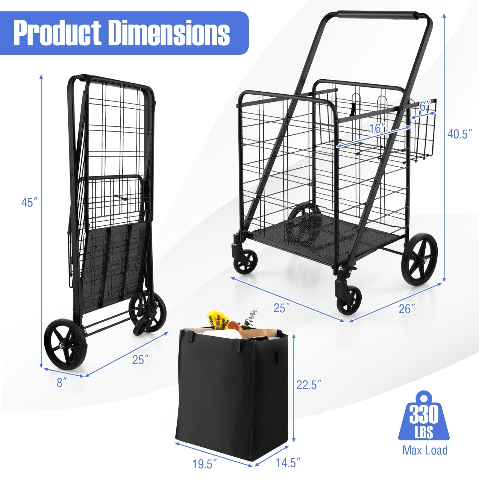 Folding Shopping Cart with Waterproof Liner Wheels and Basket, Black Kitchen Tools at Gallery Canada
