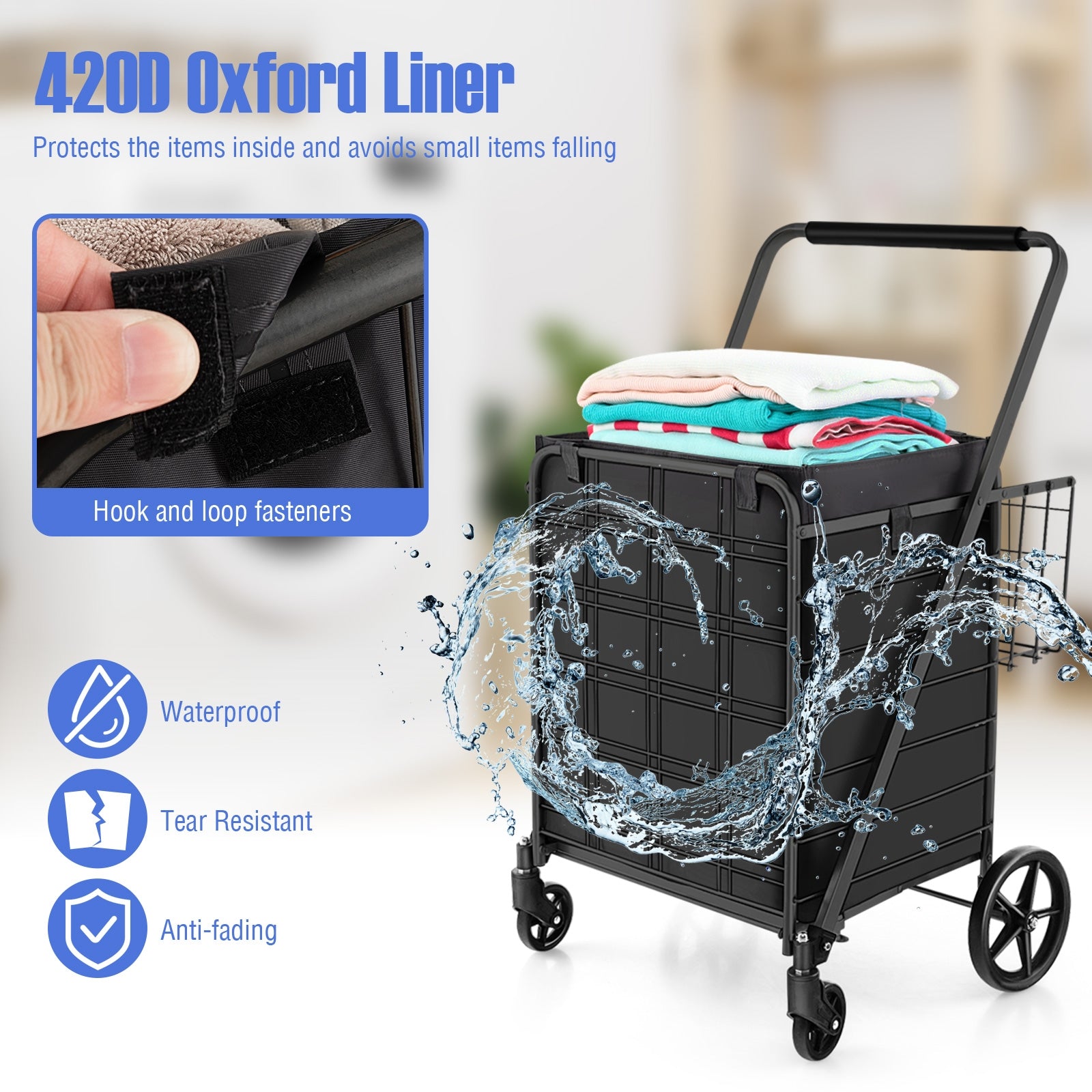 Folding Shopping Cart with Waterproof Liner Wheels and Basket, Black Kitchen Tools at Gallery Canada